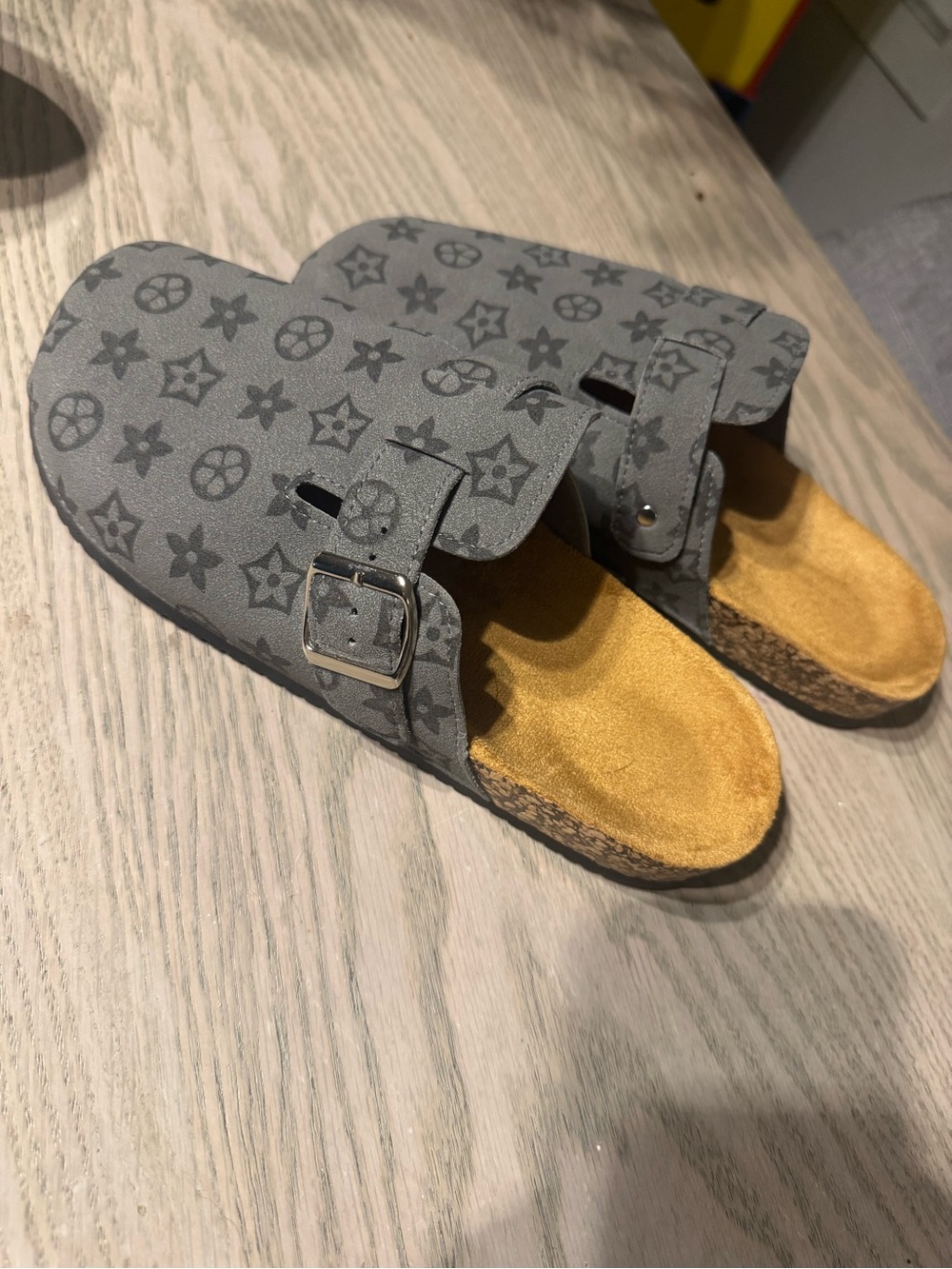 Grey Patterned Slide Sandals